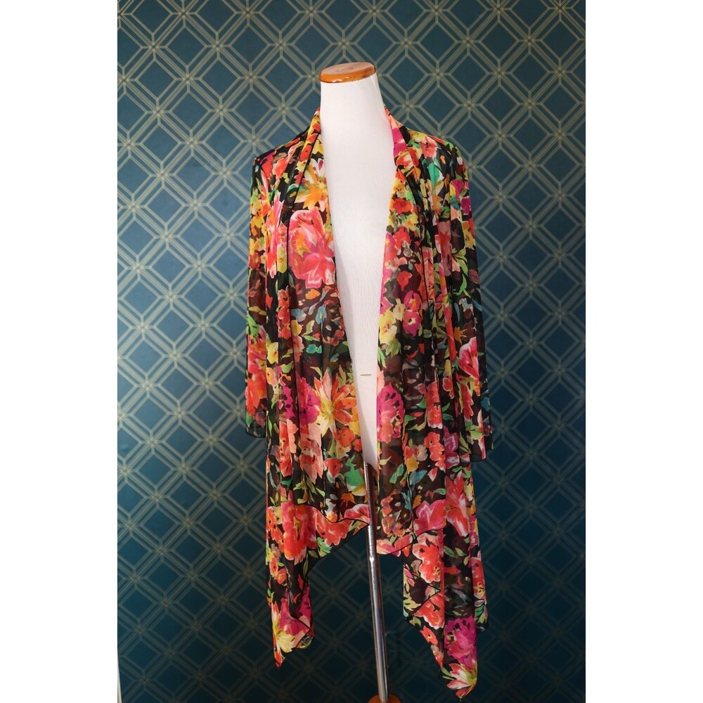 Susan Graver XL Open Cardigan Duster Floral Sheer Kimono Boho Beachy Festival